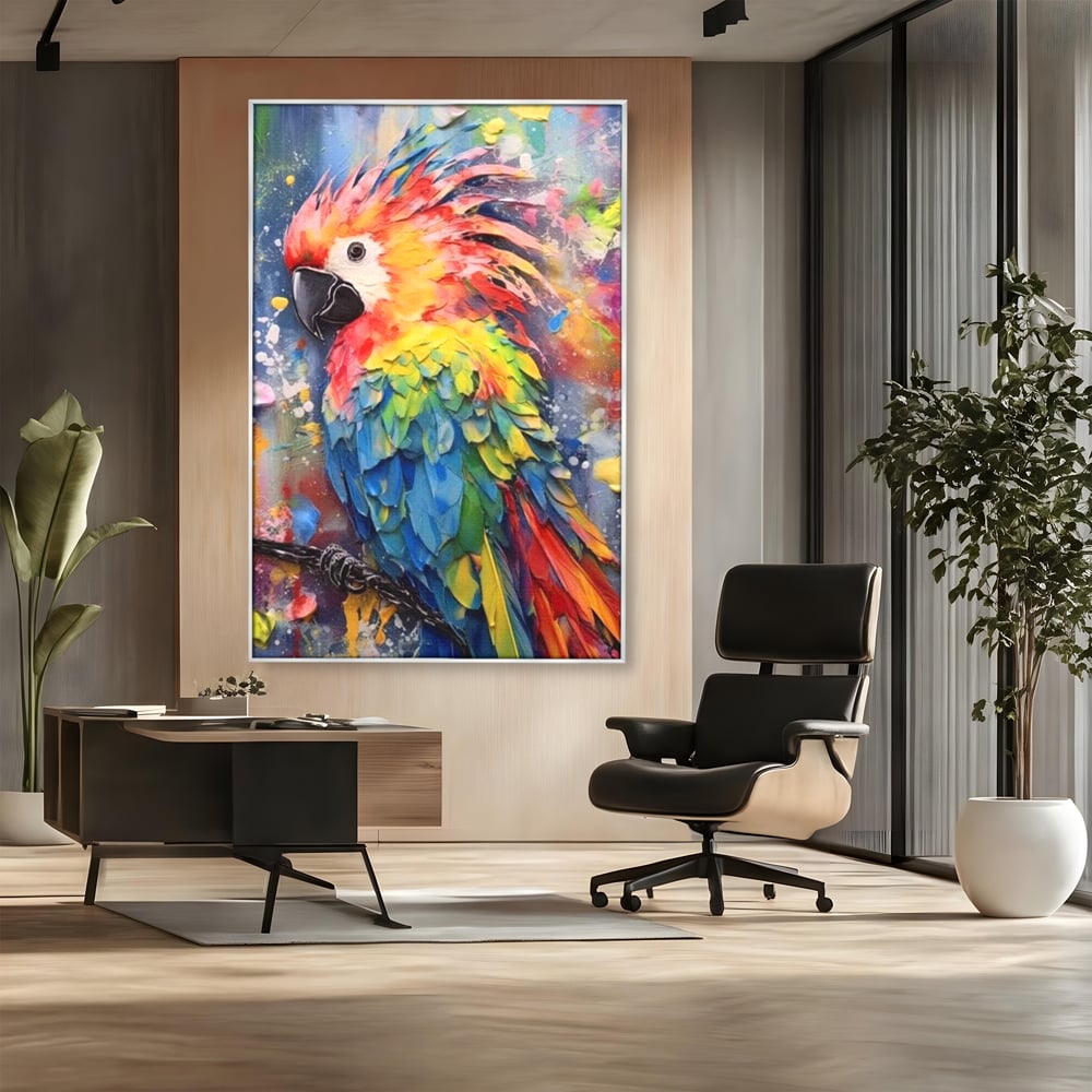 Tablou canvas cu tablou canvas cu papagal colorat, in rama de aluminiu argintiu, pe perete intr-un birou